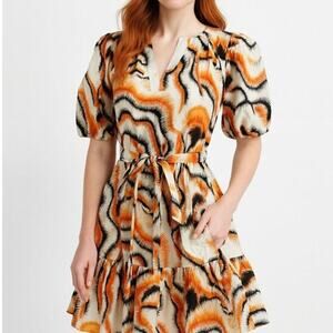 Willa Story Rachel Puff Sleeve V-Neck Babydoll Mini Dress Orange Black Womens XS